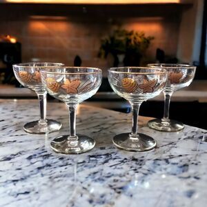4 Libbey Golden Foliage Glasses Champagne Cordial Wine Autumn Leaves Mad Men MCM